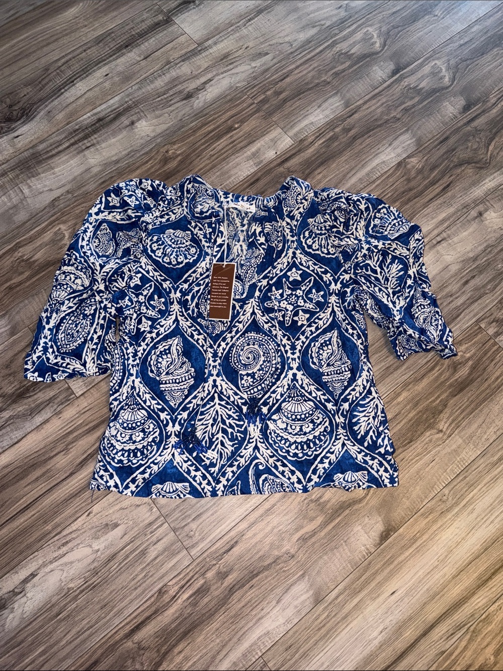 Panama Jack Blue and White Printed Long Sleeve V-Neck Top